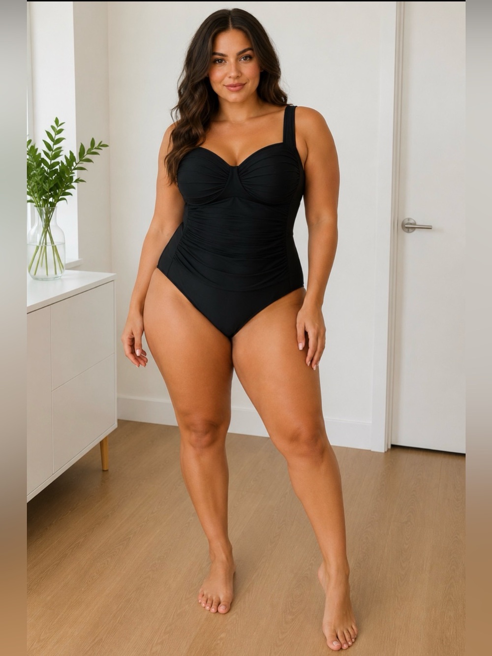 Black One Piece Swimsuit Tummy Control Ruched Adjustable Straps | Large